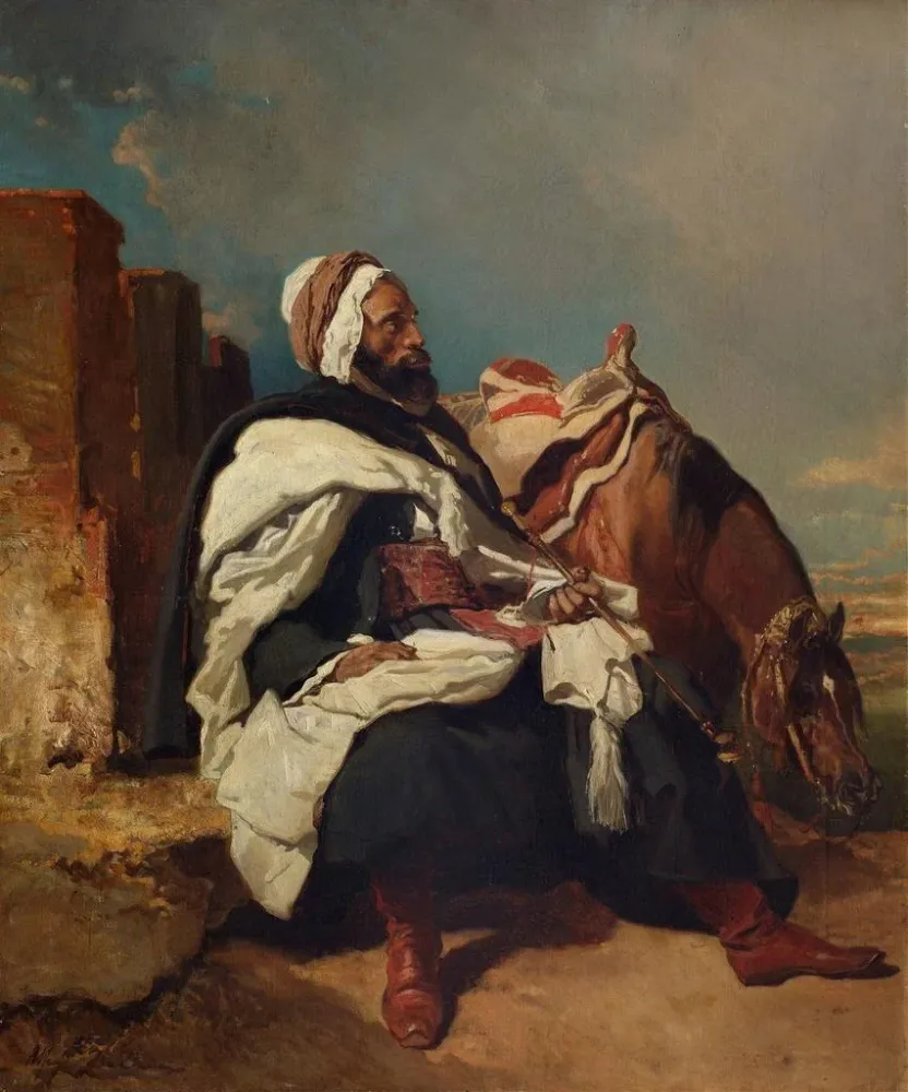 Maalaus Mies arabi istuu hevosen kanssa - Alfred de Dreux | Taidetuloste