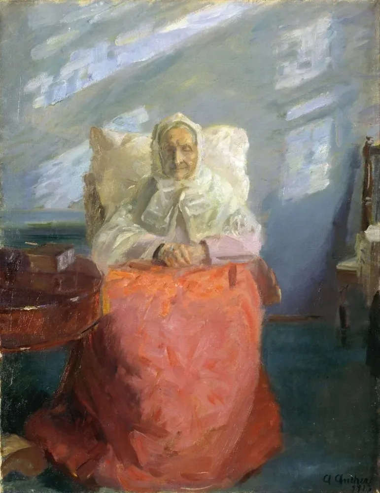 Maalaus Mme Ane Brøndum dans la chambre bleue - Anna Ancher | Taidetuloste
