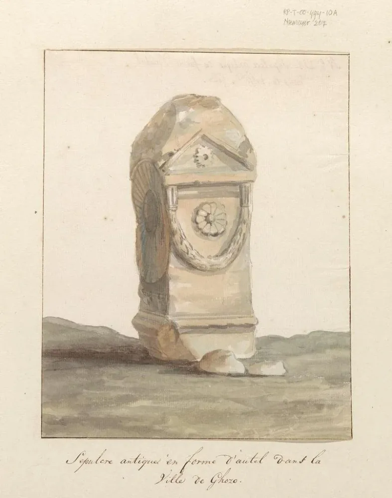 Maalaus monumenttihautakivestä klassisen alttarin muodossa Gozo-saaressa - Abraham Louis Rodolphe Ducros | Taidetuloste