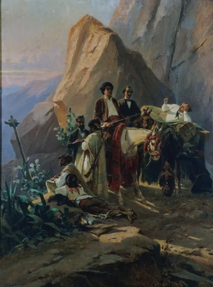Maalaus Muisto matkasta Pariisista Cadixiin vuonna 1846 Alexandre Dumas'n ja hänen ystäviensä tekemänä - Eugène Giraud | T...