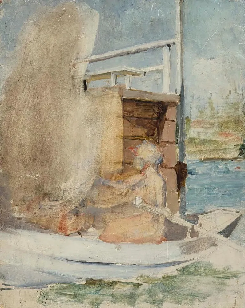Maalaus Nainen veneessä laiturilla - Albert Edelfelt