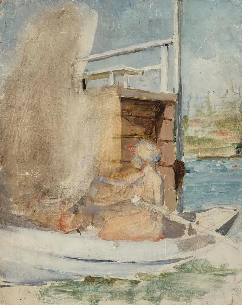 Maalaus Nainen veneessä laiturilla (Tapauskonflikti) - Albert Edelfelt | Taidetuloste