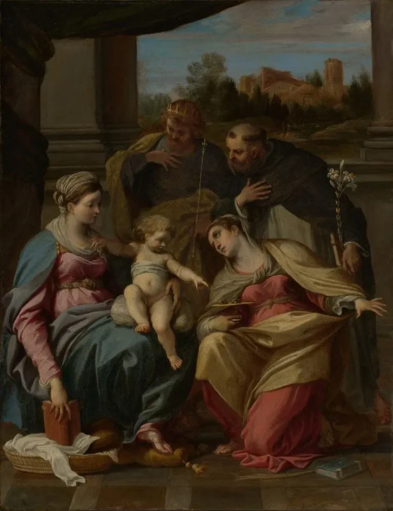 Maalaus Neitsyt ja lapsi pyhimyksillä Luciella, Dominikuksella ja Ludvigilla Ranskasta - Annibale Carracci | Taidetuloste