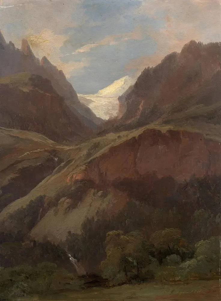 Maalaus Näkymä Wetterhornista ja Reichenbachista Meiringenistä - Alexandre Calame | Taidetuloste