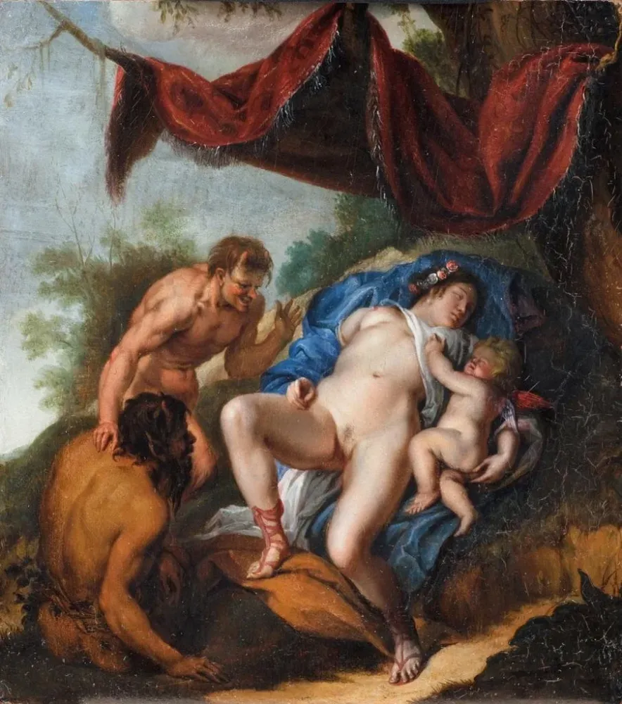 Maalaus Nukkuva Venus ja Eros, jota satyyrit katsovat - Anonyymi | Taidetuloste