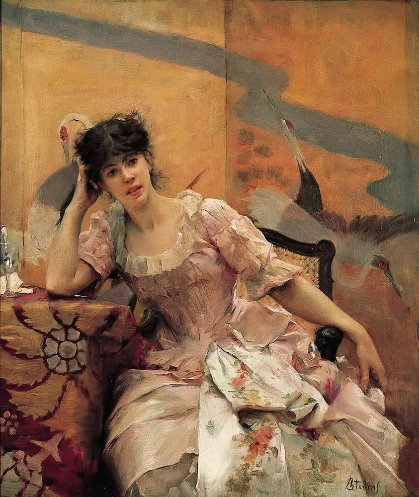 Maalaus Nuori nainen japanilaisen verhon kanssa - Alfred Stevens | Taidetuloste