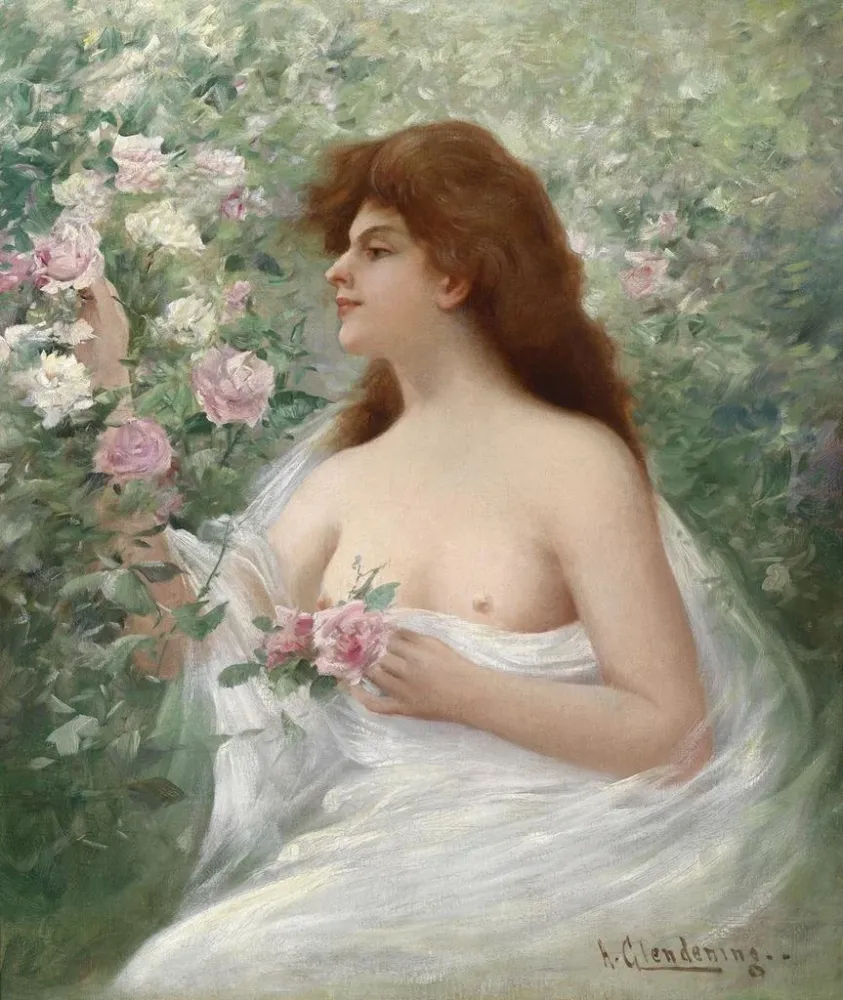 Maalaus Nuori nainen keräämässä ruusuja - Alfred Glendening Jr. | Taidetuloste
