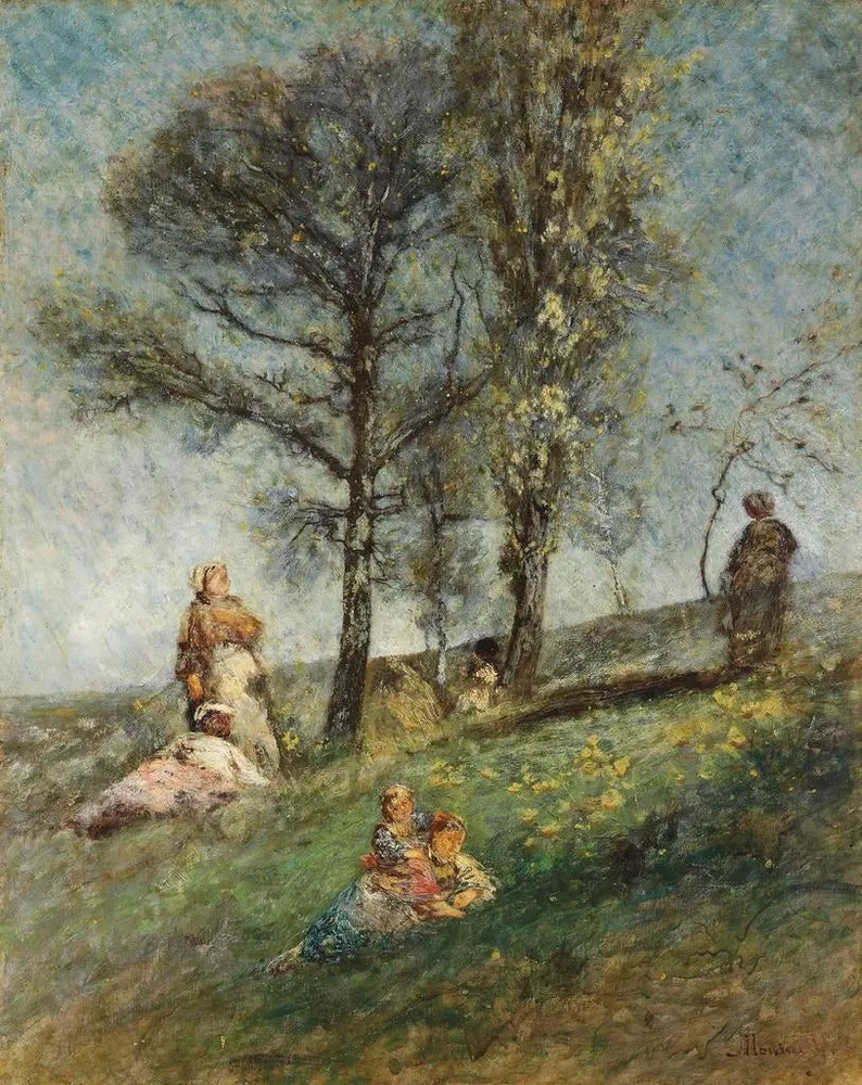 Maalaus Nuori perhe puiden alla mäellä - Adolphe Monticelli | Taidetuloste