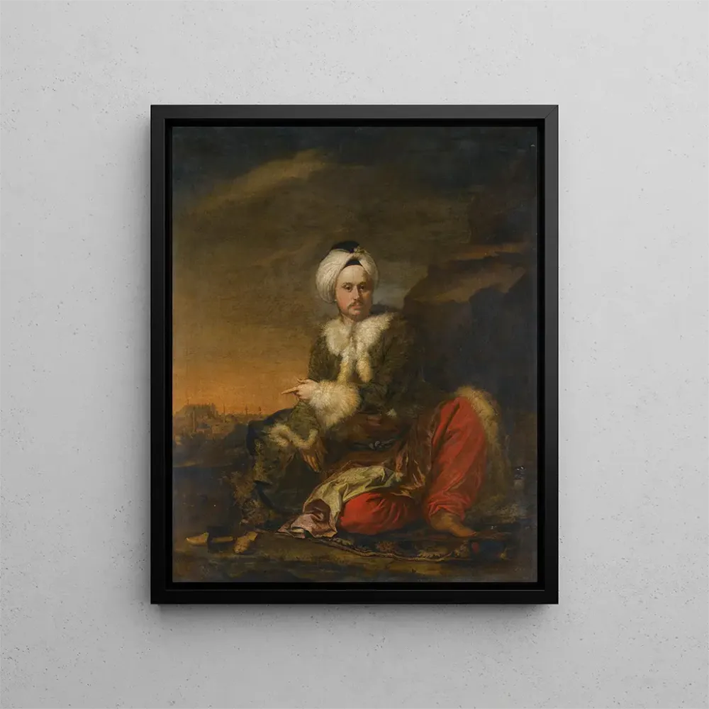 Maalaus Portrait d'un marchand de la Compagnie du Levant en tenue turque. Vue d'Alep au-delà. - Andrea Soldi | Taidetuloste