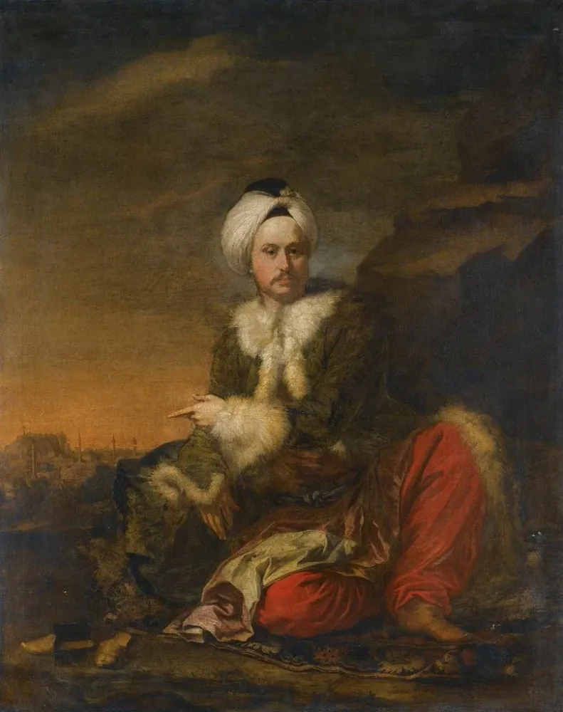 Maalaus Portrait d'un marchand de la Compagnie du Levant en tenue turque. Vue d'Alep au-delà. - Andrea Soldi | Taidetuloste