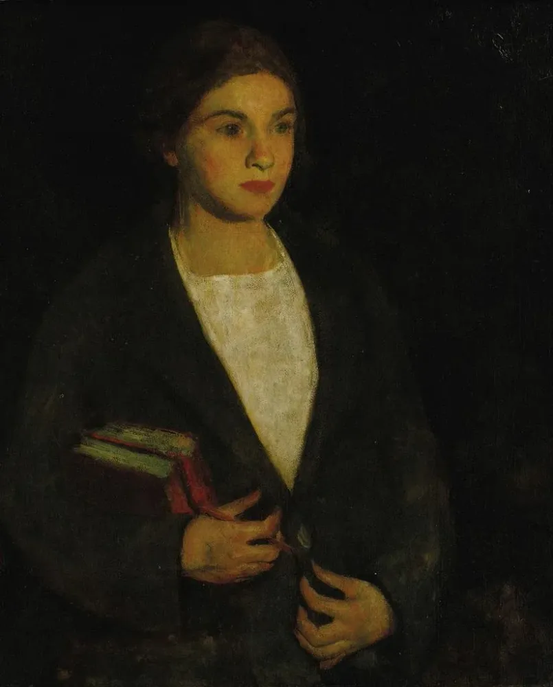 Maalaus Portrait d'une jeune fille avec des livres - École Américaine | Taidetuloste
