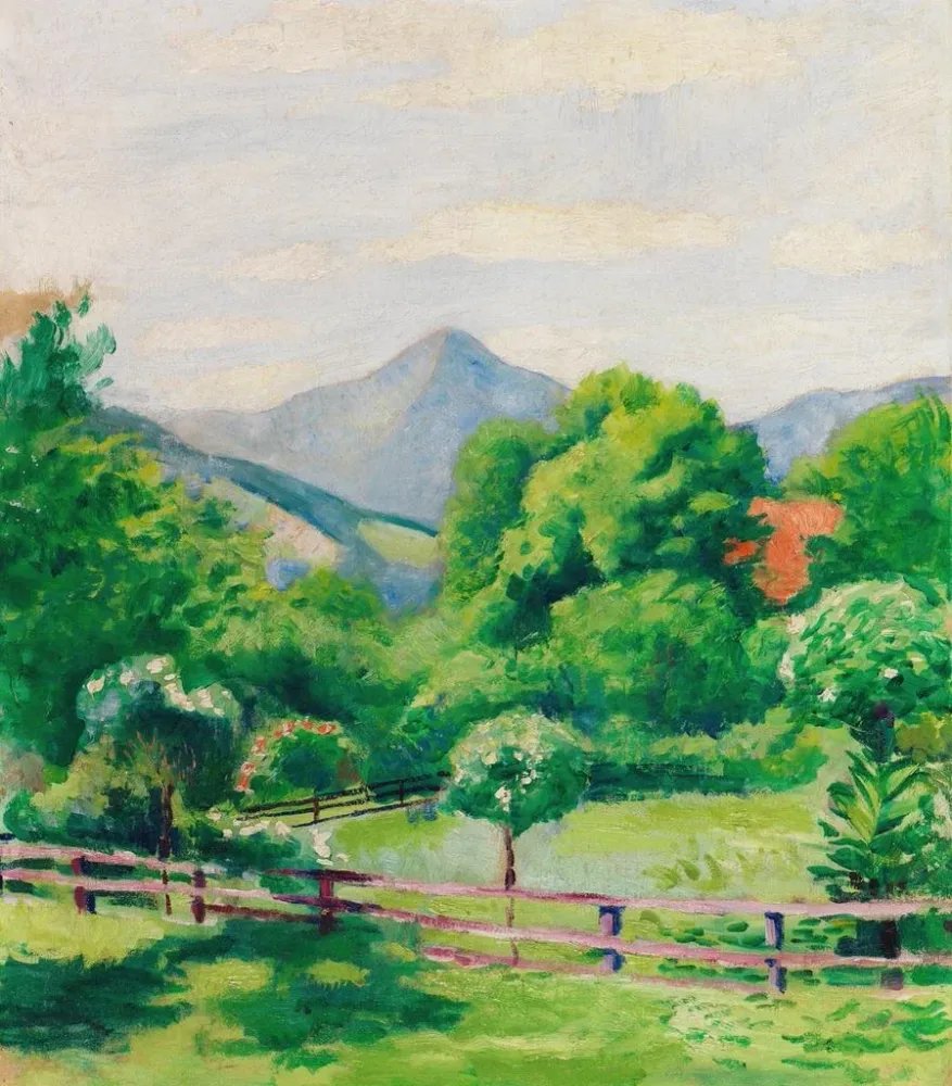 Maalaus Puutarha Tegernsee-järvellä talon ja vuoren kanssa - August Macke | Taidetuloste