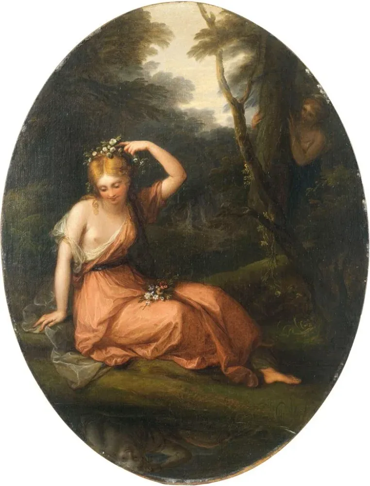 Maalaus Silvia koristautuu kukilla Daphnén tarkkailussa - Angelica Kauffman