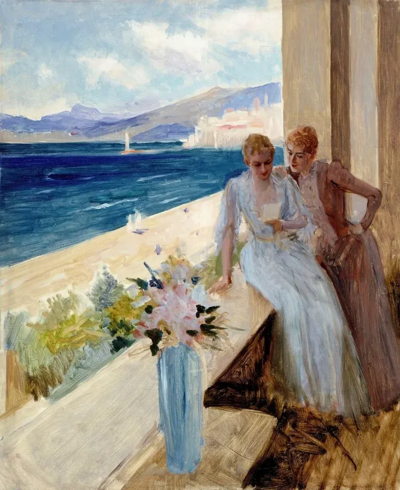 Maalaus Taiteilijan vaimo ja Emilie Von Etter parvekkeella Cannesissa - Albert Edelfelt