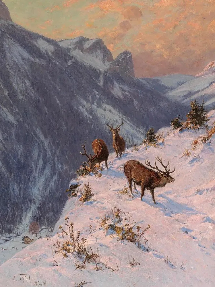 Maalaus: Talvinen hirvi - Arthur Thiele | Taidetuloste