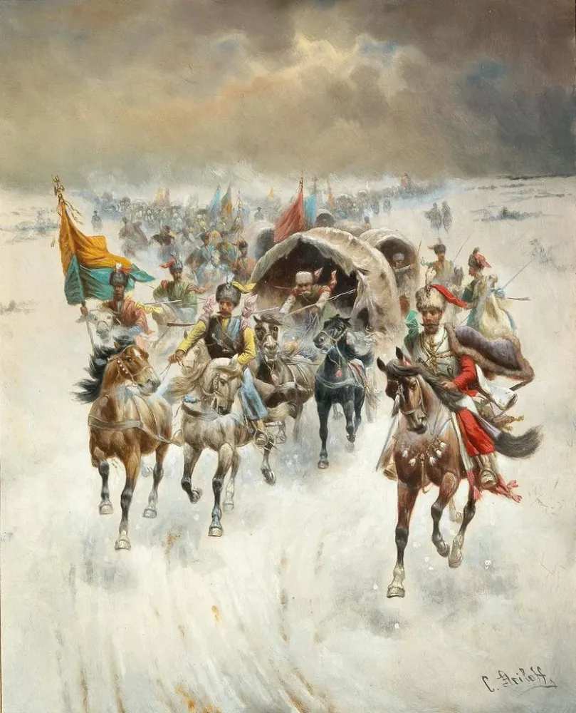 Maalaus Train cosaque dans un paysage hivernal - Adolf Baumgartner-Stoiloff | Taidetuloste