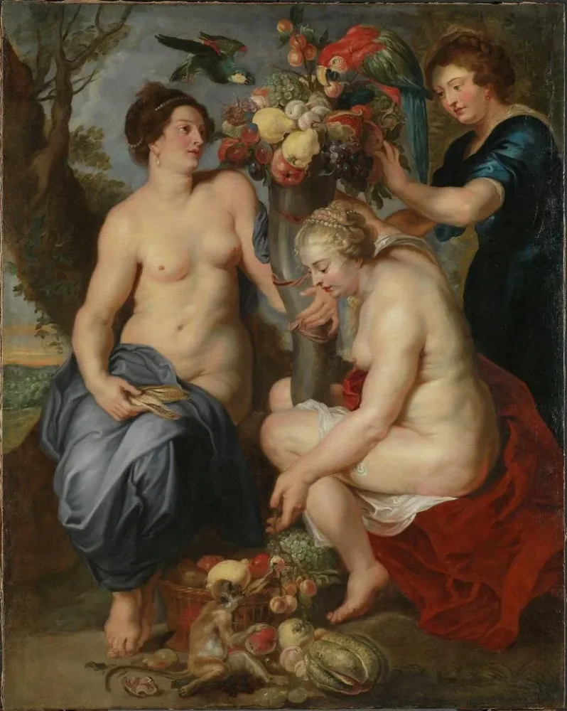 Maalaus Trois nymphes avec la corne d'abondance - Anonyme | Taidetuloste