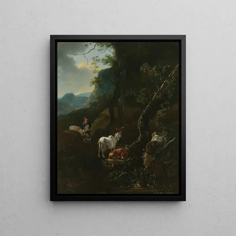 Maalaus Une bergère avec des animaux dans un paysage montagneux - Adam Pynacker | Taidetuloste