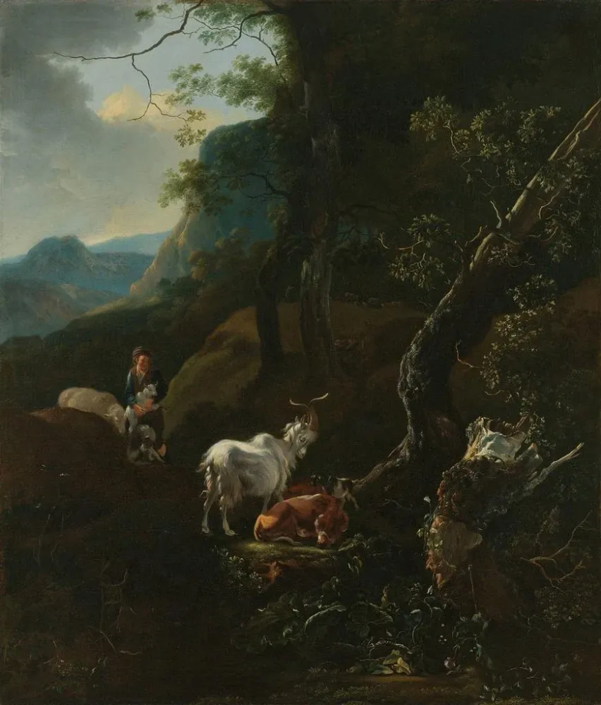 Maalaus Une bergère avec des animaux dans un paysage montagneux - Adam Pynacker | Taidetuloste