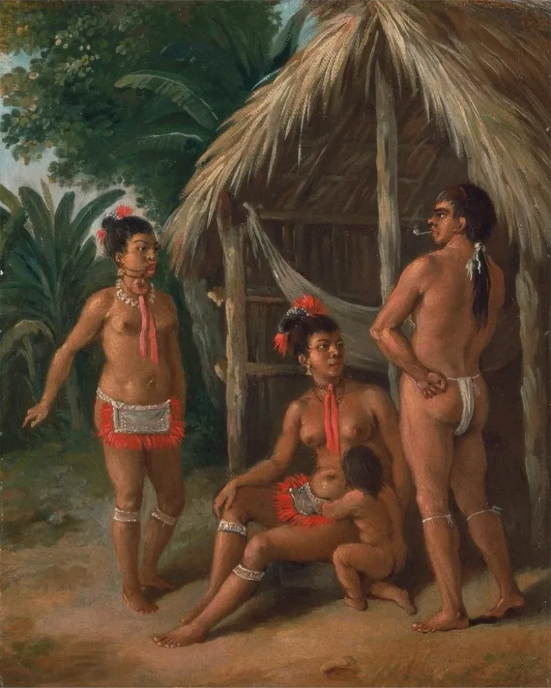 Maalaus Une famille caraïbe des îles Sous-le-Vent à l'extérieur d'une hutte - Agostino Brunias | Taidetuloste