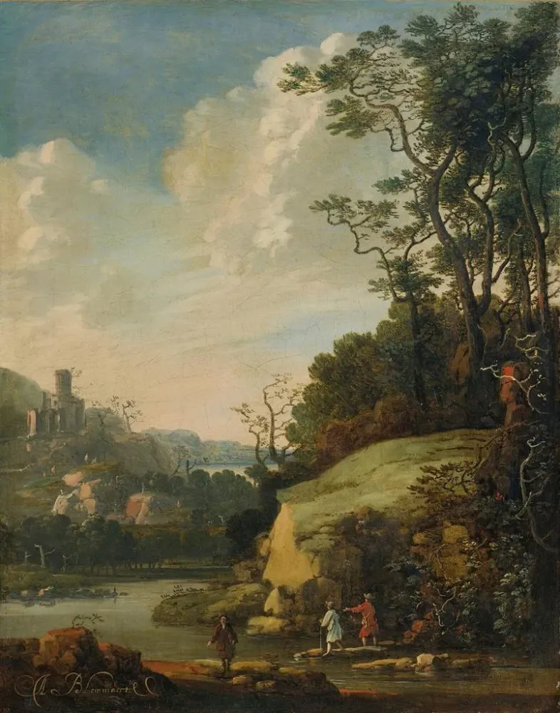 Maalaus Väljä maisema, jossa hahmoja joen rannalla - Abraham Bloemaert | Taidetuloste