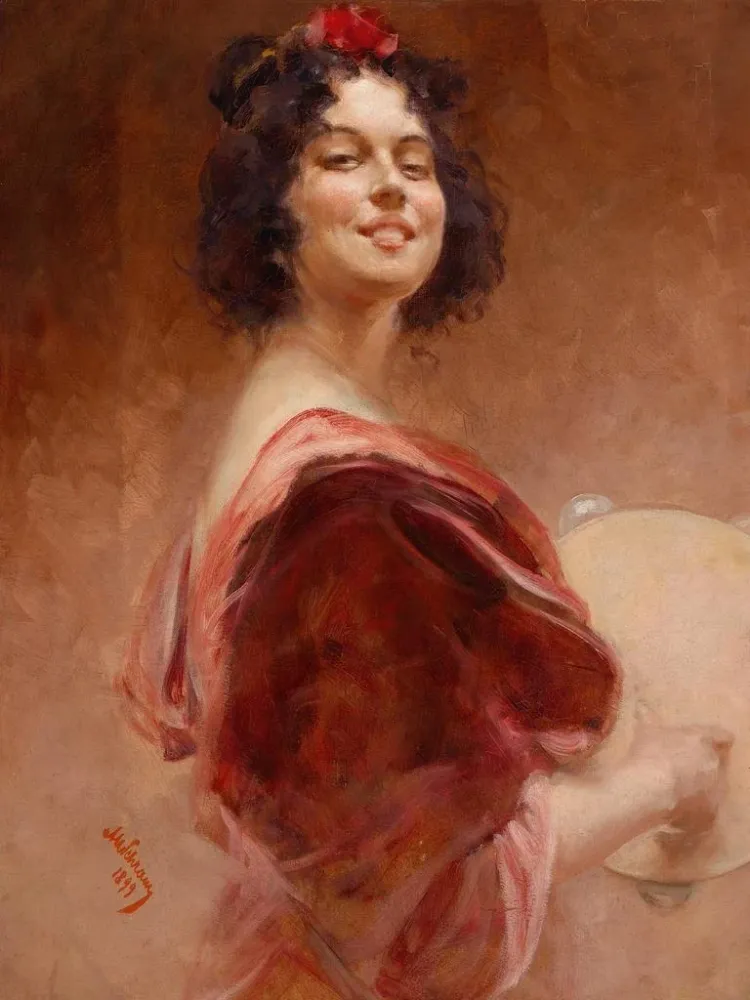 Maalaus Zigeunerin mit Tambourin - Alois Hans Schram | Taidetuloste