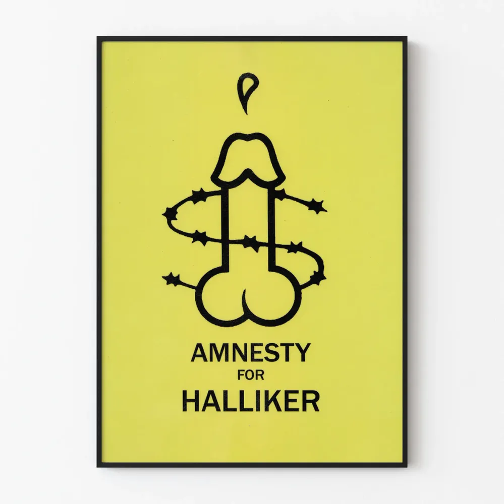 Minimalistinen keltainen juliste symbolisella Amnesty Halliker -kuvalla