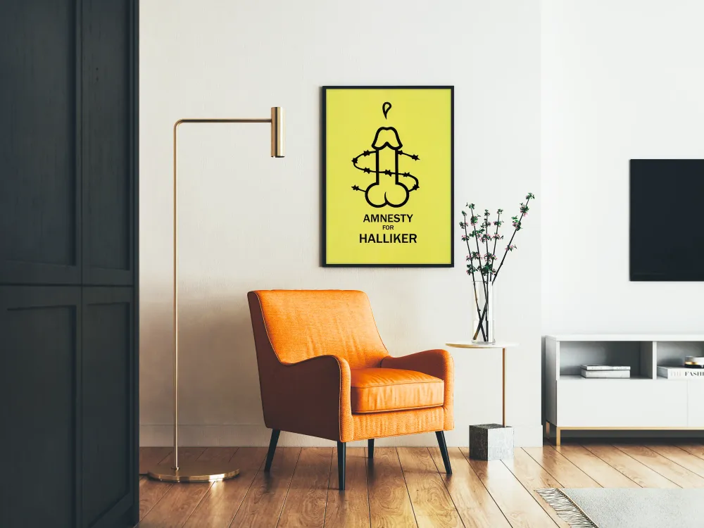 Minimalistinen keltainen juliste symbolisella Amnesty Halliker -kuvalla