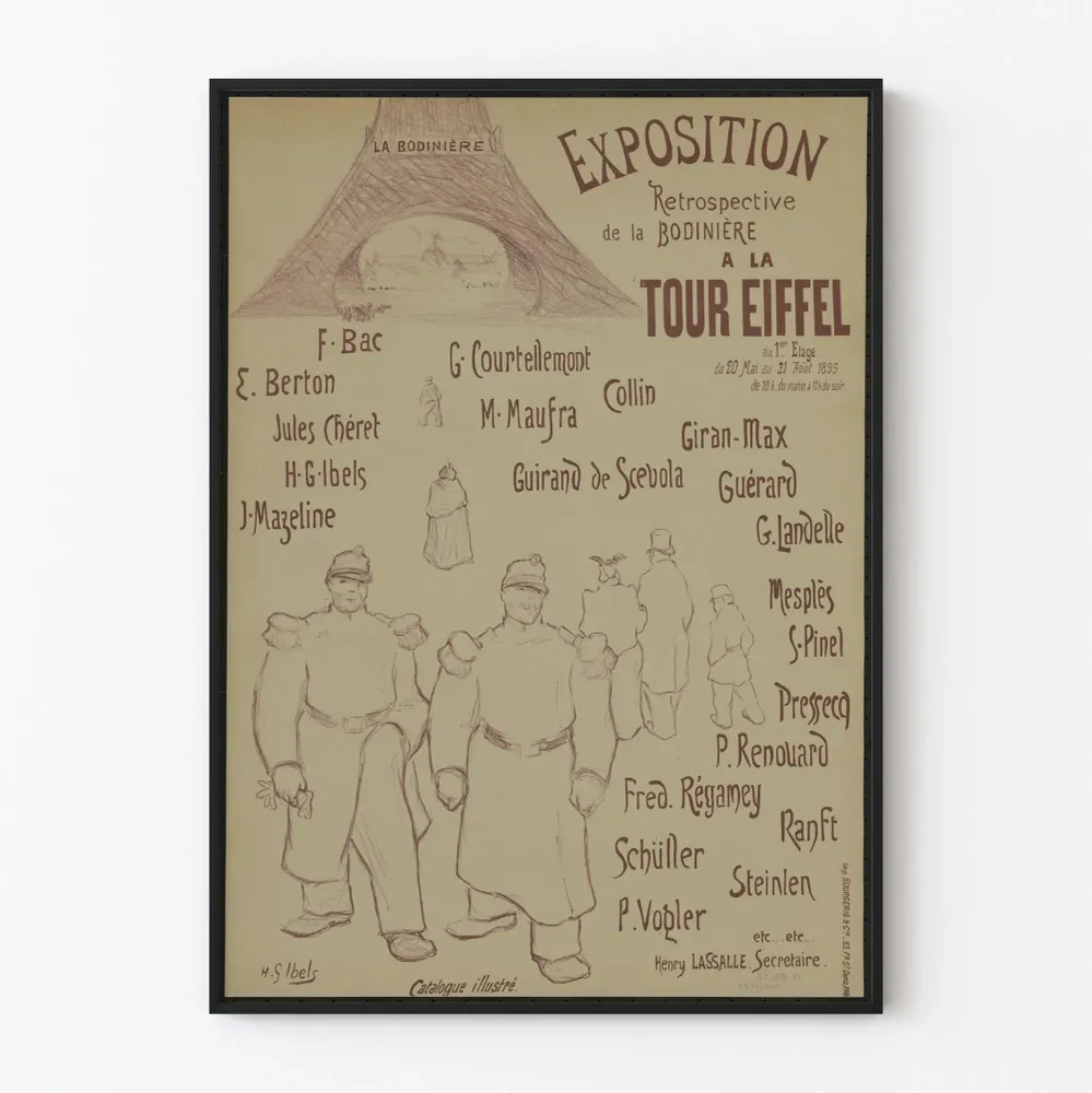 Näyttelyjuliste La Bodinière:n retrospektiivisestä näyttelystä Eiffel-tornissa 1895