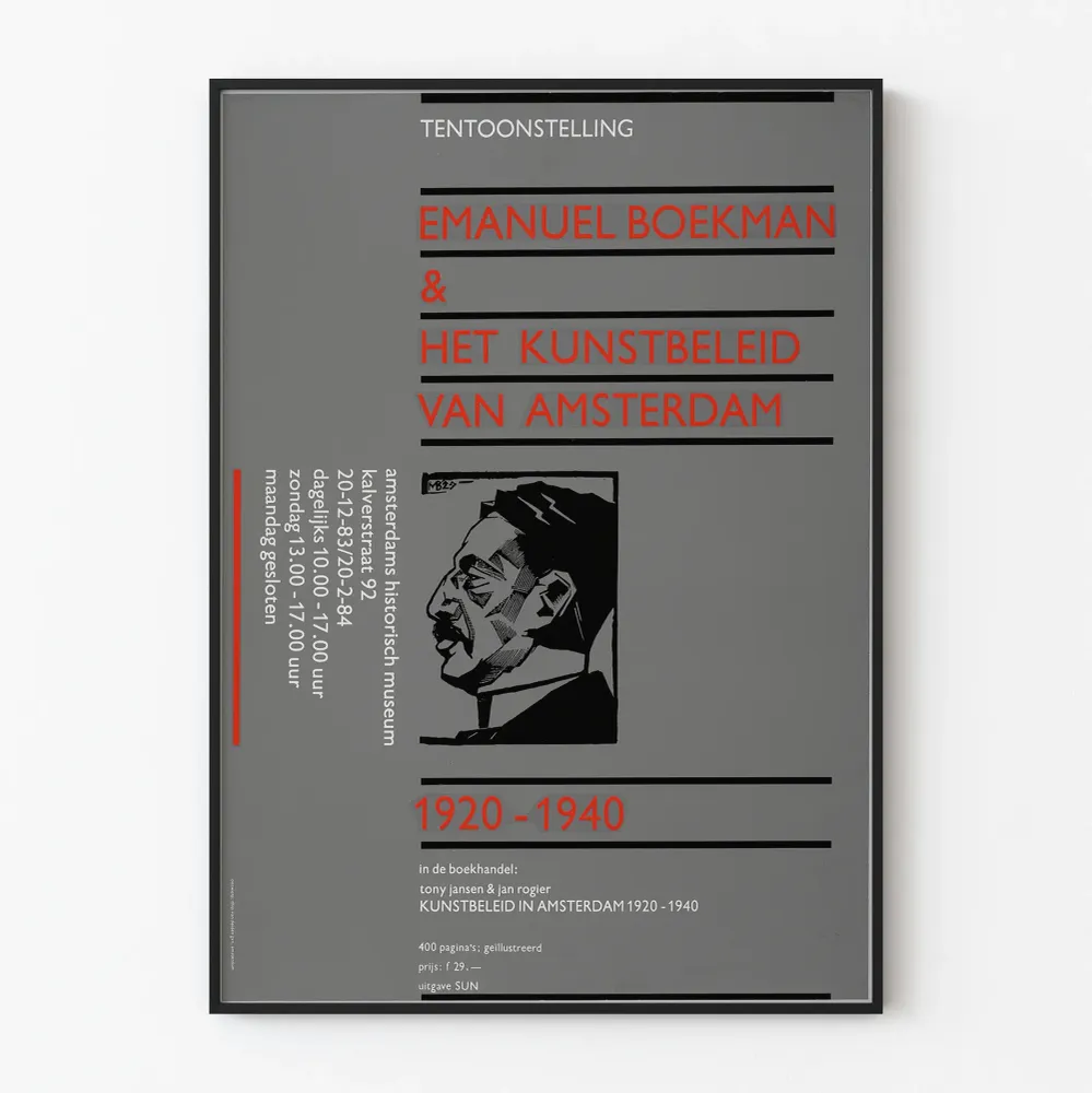 Näyttelyjuliste Emanuel Boekmanin ja Amsterdamin taidepolitiikasta 1920–1940