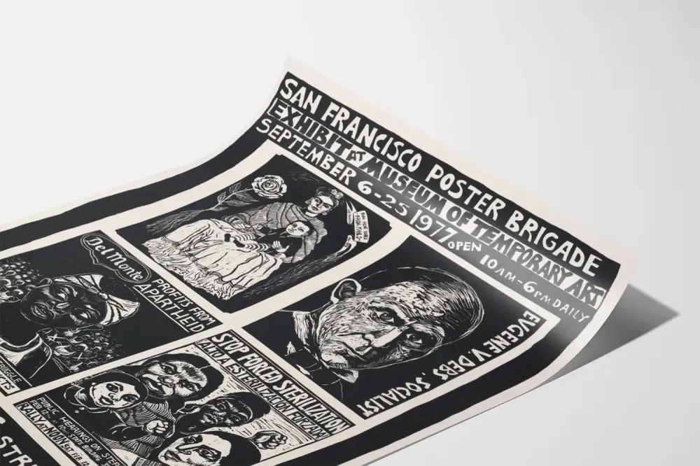 Näyttelyn juliste San Franciscon juliste Brigadista väliaikaisen taiteen museossa 1977