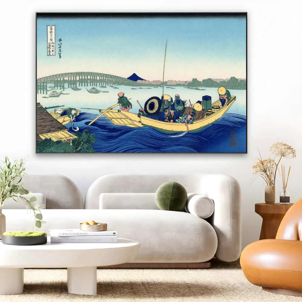 Auringonlasku Ryōgoku-sillan yli Sumida-joen rannalta Onmayagashiin, Katsushika Hokusai OGC
