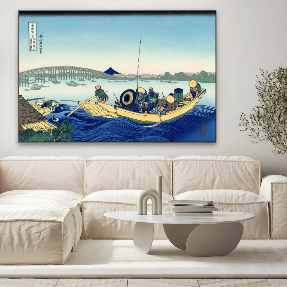 Auringonlasku Ryōgoku-sillan yli Sumida-joen rannalta Onmayagashiin, Katsushika Hokusai OGC