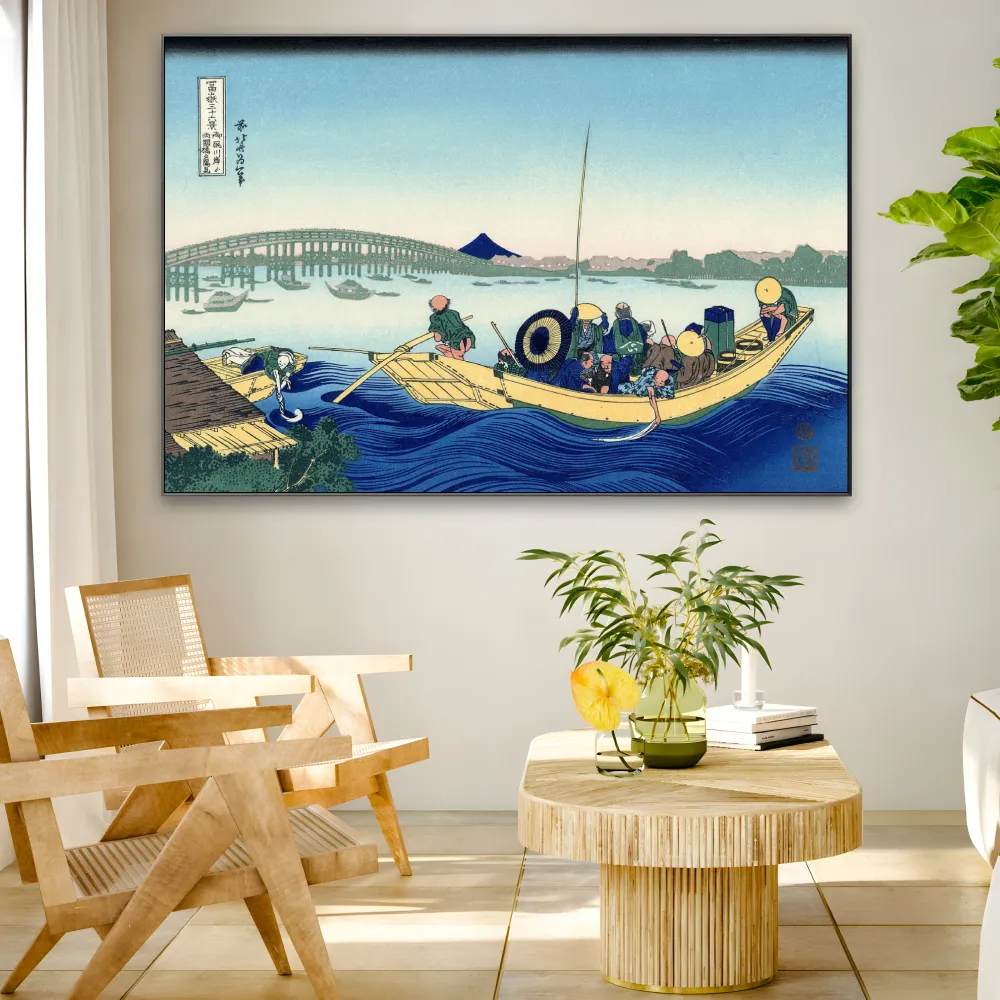 Auringonlasku Ryōgoku-sillan yli Sumida-joen rannalta Onmayagashiin, Katsushika Hokusai OGC