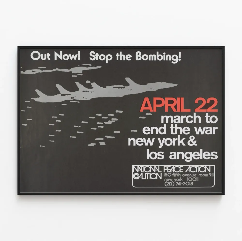 Pacifistisen mobilisoinnin juliste Stop Bombing - 22. huhtikuuta