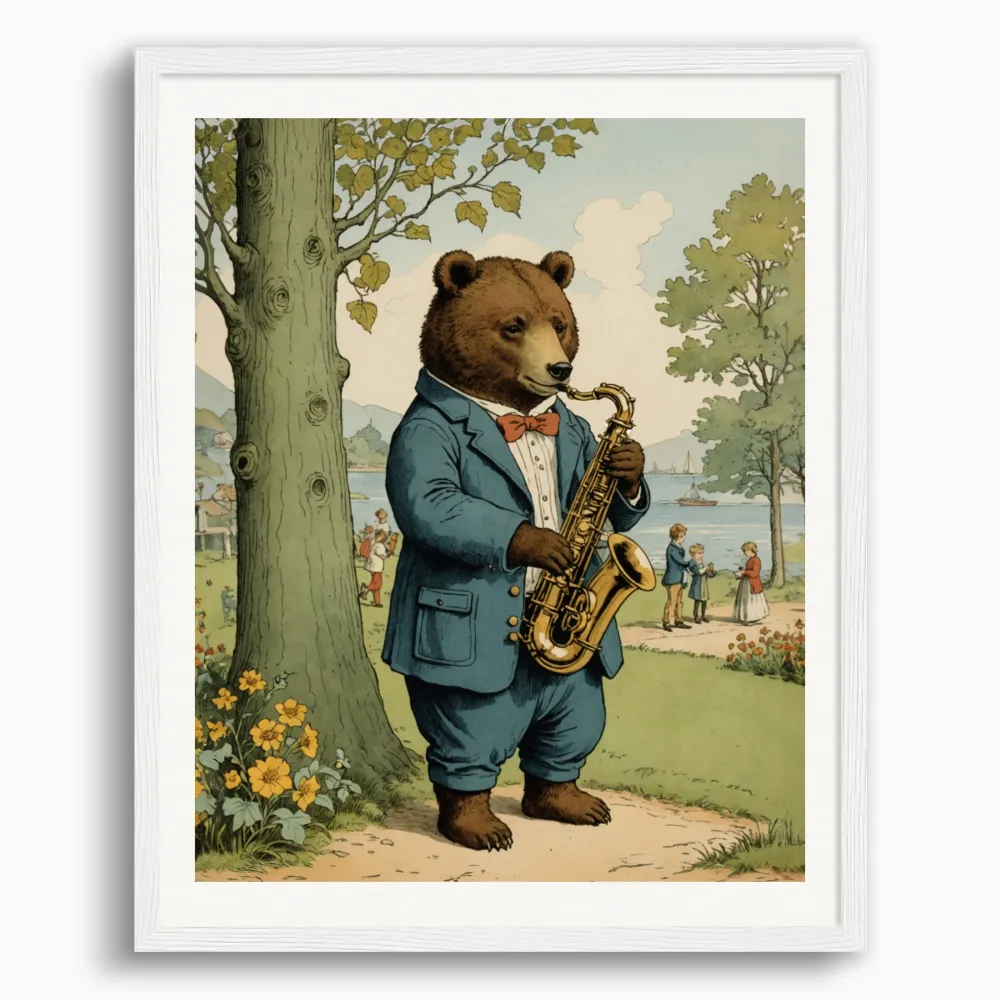 Brittiläiset kuvitukset, viaton ja nostalginen lapsuus, karhu soittaa saksofonia - Juliste Posterscape Creative Studio