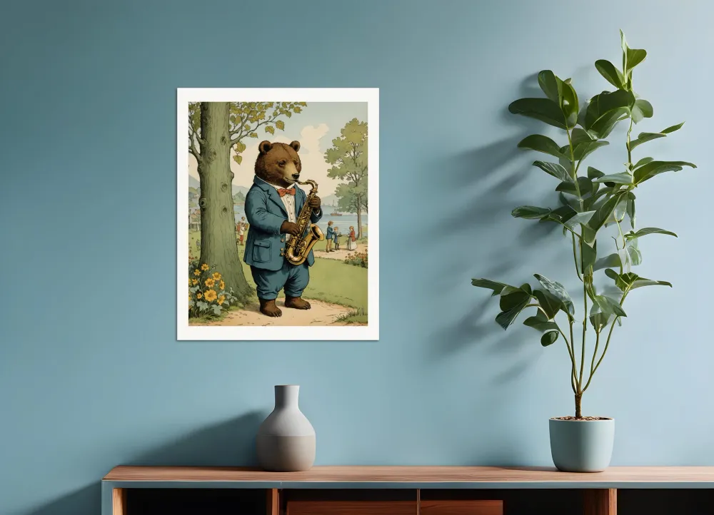 Brittiläiset kuvitukset, viaton ja nostalginen lapsuus, karhu soittaa saksofonia - Juliste Posterscape Creative Studio