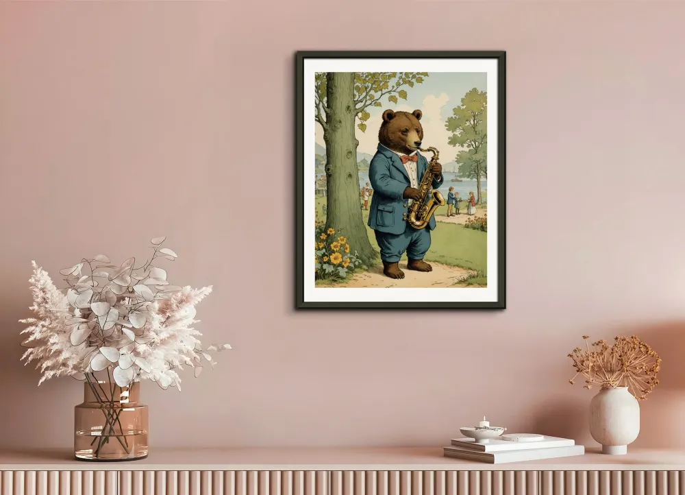 Brittiläiset kuvitukset, viaton ja nostalginen lapsuus, karhu soittaa saksofonia - Juliste Posterscape Creative Studio