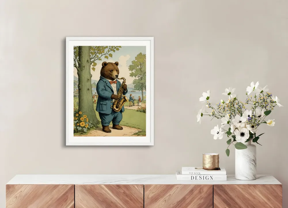 Brittiläiset kuvitukset, viaton ja nostalginen lapsuus, karhu soittaa saksofonia - Juliste Posterscape Creative Studio