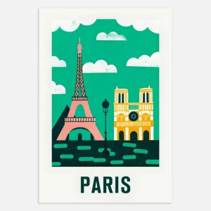 Graafinen moderni kuvitus Eiffel-tornista ja Notre-Damesta - Pariisin juliste Posterscape Creative Studio