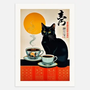 Musta kissa ja kahvi, japanilainen vintage - Juliste Posterscape Creative Studio