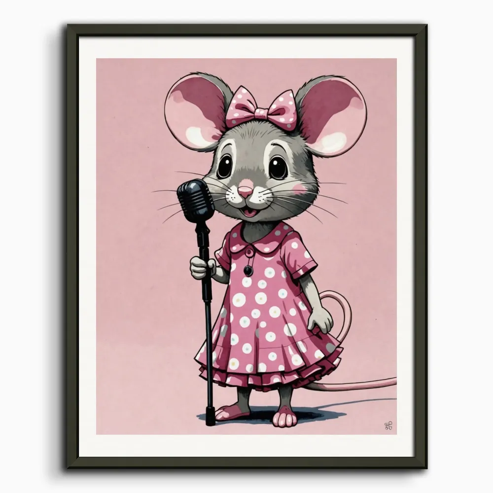 Nykyaikainen japanilainen kawaii-taiteilija, hiiri vaaleanpunaisessa mekossa mikrofonin kanssa - Juliste Posterscape Creat...