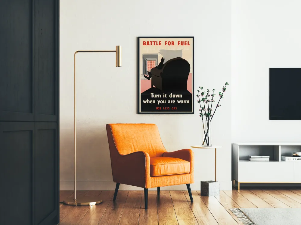 Retrojuliste Taistelu polttoaineesta - Säästä kaasua alentamalla lämmitystä