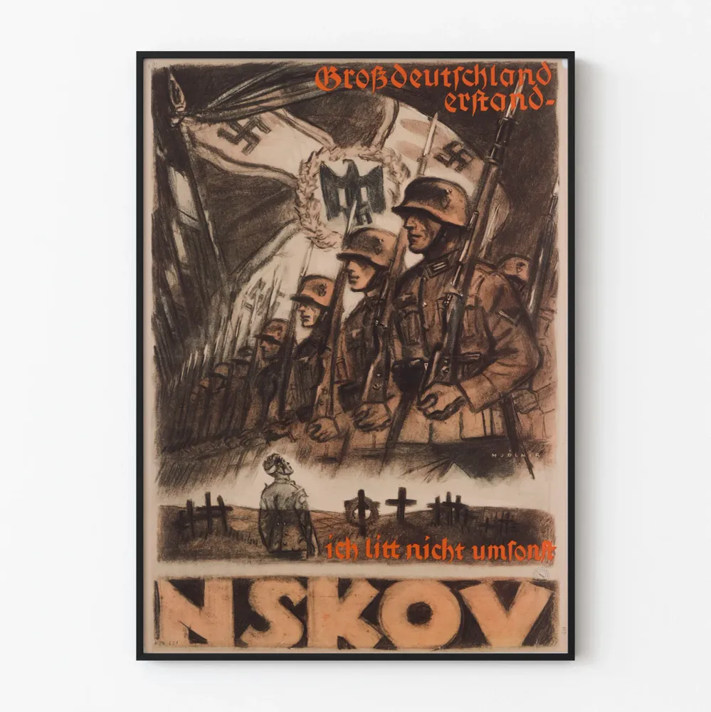 Saksan sotilaallinen propagandajuliste, jossa sotilaita ja hautakiviä