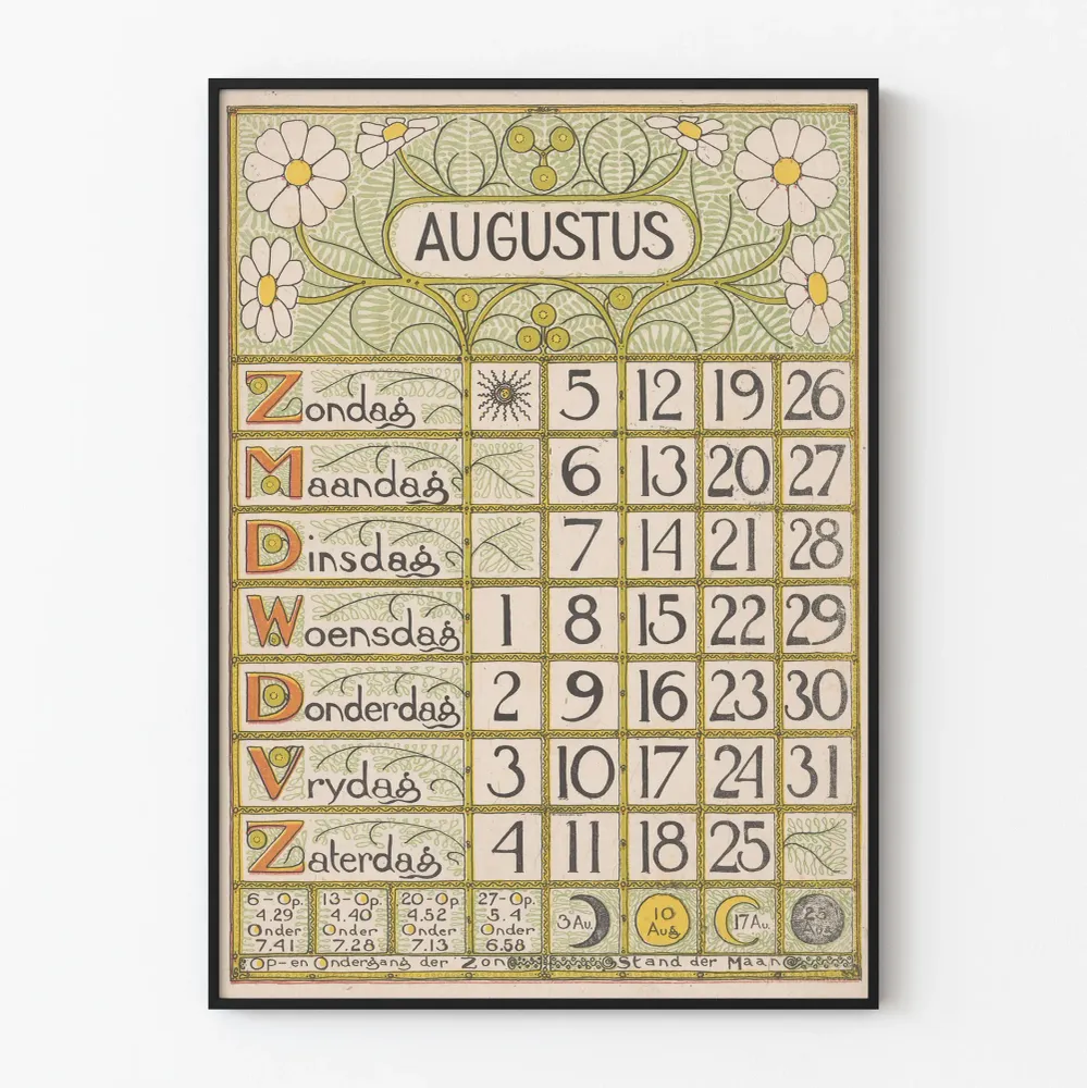 Seinäkalenteri elokuu 1900, vintage-tyyli, Art Nouveau