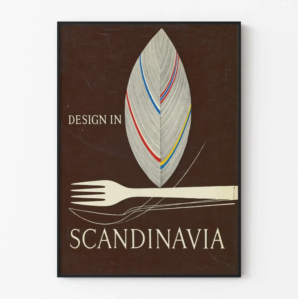 Skandinaavinen minimalistinen juliste lehtineen ja tyyliteltyine ruokailuvälineineen