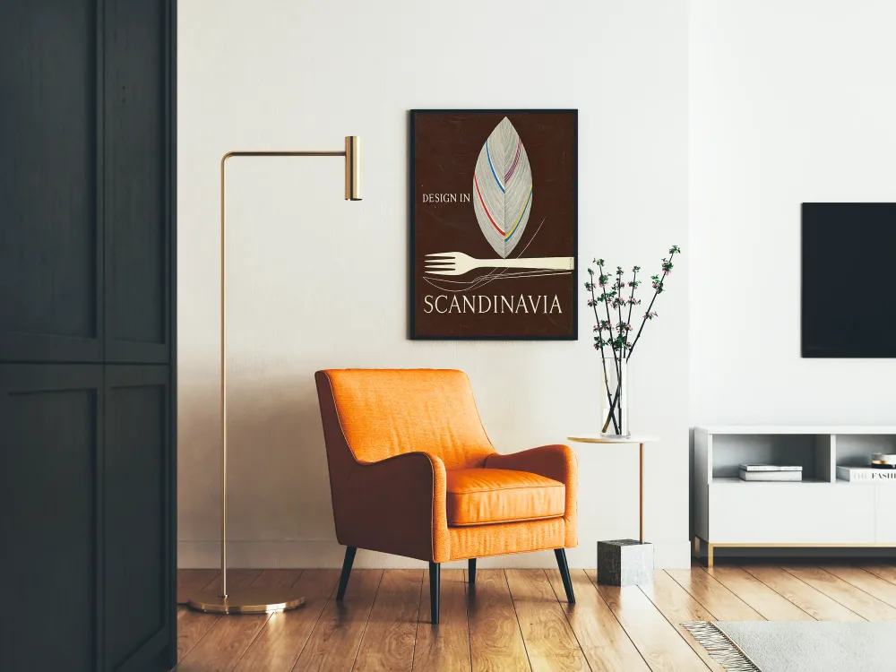 Skandinaavinen minimalistinen juliste lehtineen ja tyyliteltyine ruokailuvälineineen