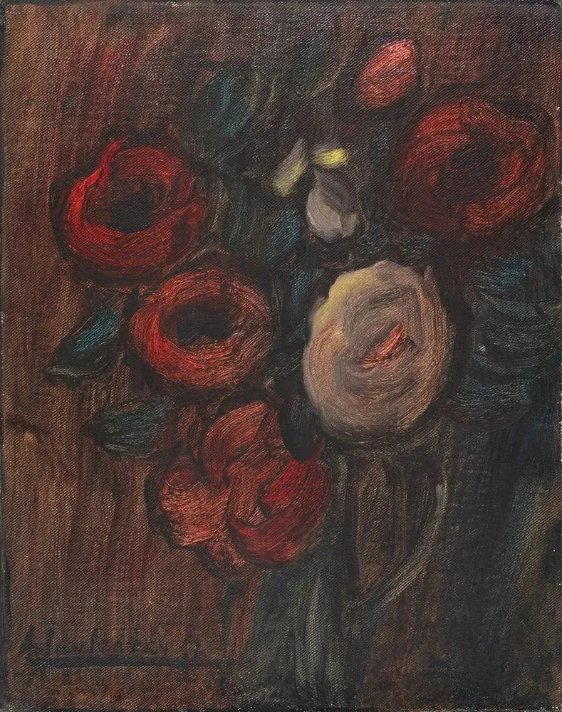 Suuri taidetuloste still life vihreä malja pionien kanssa tummanpunaiset ruusukimppu - Alexej von Jawlensky