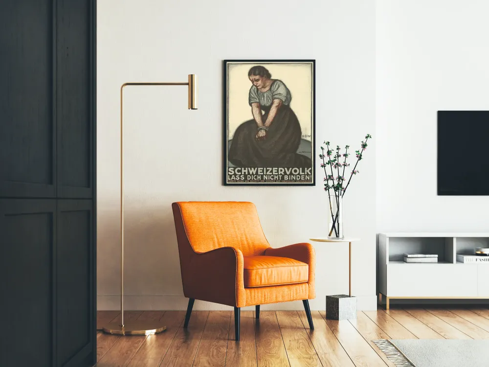 Sveitsiläinen vanha juliste naishahmolla sidottuna