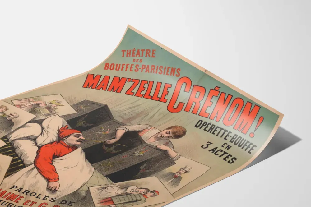 Teatteri Mam'zelle Crénom -juliste, operetti Bouffe kolmessa näytöksessä